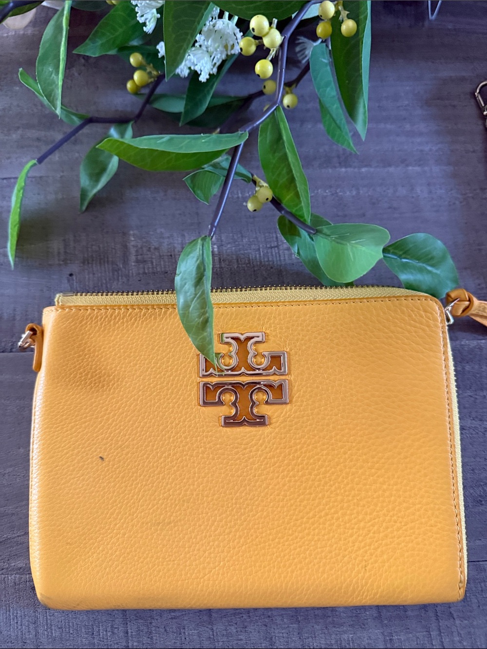 Tory Burch Mustard Yellow Pebbled Leather Crossbody with Logo